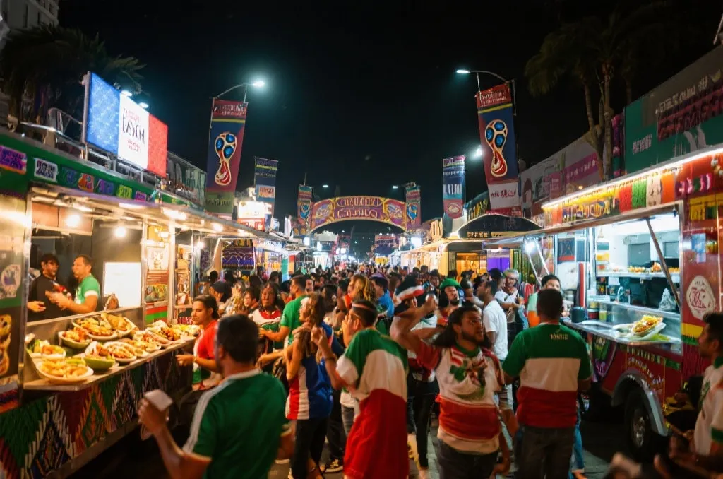 墨西哥风格的球迷街区，餐车、美食与欢呼人群交织，世界杯夜晚氛围浓厚